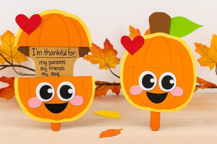 Colorful autumn pumpkin craft decorations with cheerful faces, hearts, and thankfulness notes, surrounded by fall leaves for seasonal decor.