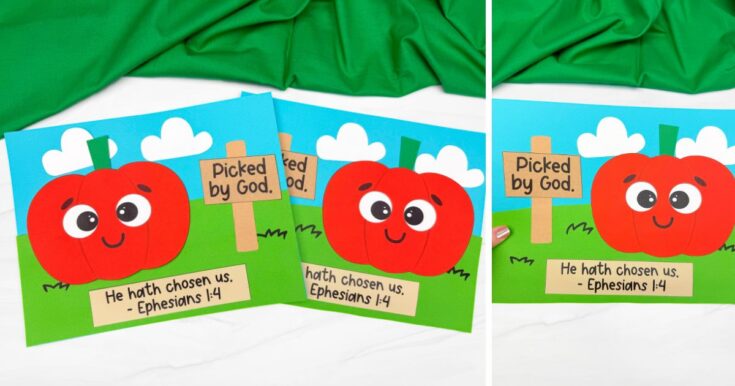 Colorful children's craft featuring a red apple with a smiling face, set against a background with clouds and a green landscape, highlighting a Bible verse from Ephesians 1:4.