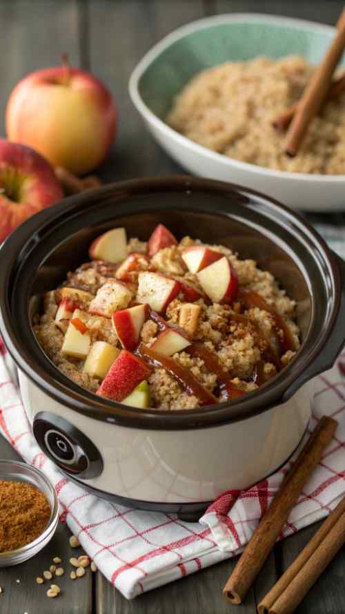 Delicious crockpot apple crisp topped with fresh chopped apples and cinnamon, perfect for fall season recipes from A Hundred Affections.