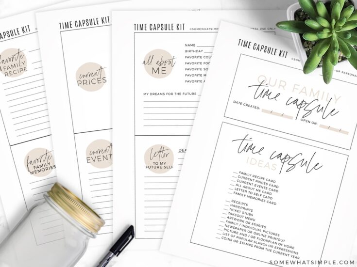Family time capsule kit with printable sheets for recording memories, events, and future dreams, including ideas for family activities and keepsakes.