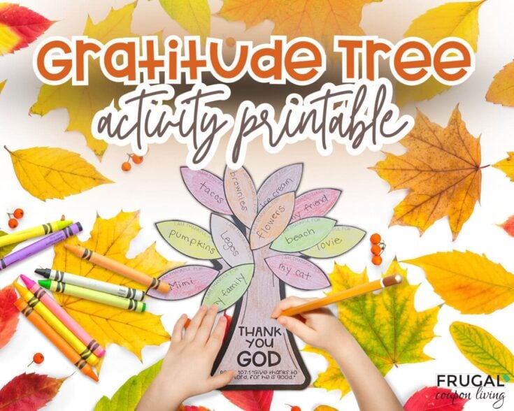 Colorful gratitude tree printable activity with autumn leaves, crayons, and a child's hands writing on a paper tree for thankful reflections.