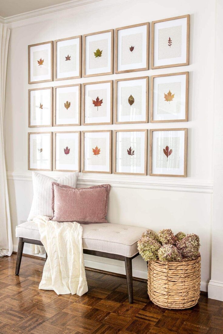 Decorative wall art featuring framed autumn leaves arranged in a grid above a cozy bench with pillows and a basket of hydrangeas, perfect for fall home decor.