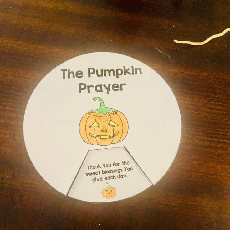 A circular paper with a pumpkin illustration titled 'The Pumpkin Prayer' and a message of gratitude for blessings, perfect for fall or Halloween celebrations.