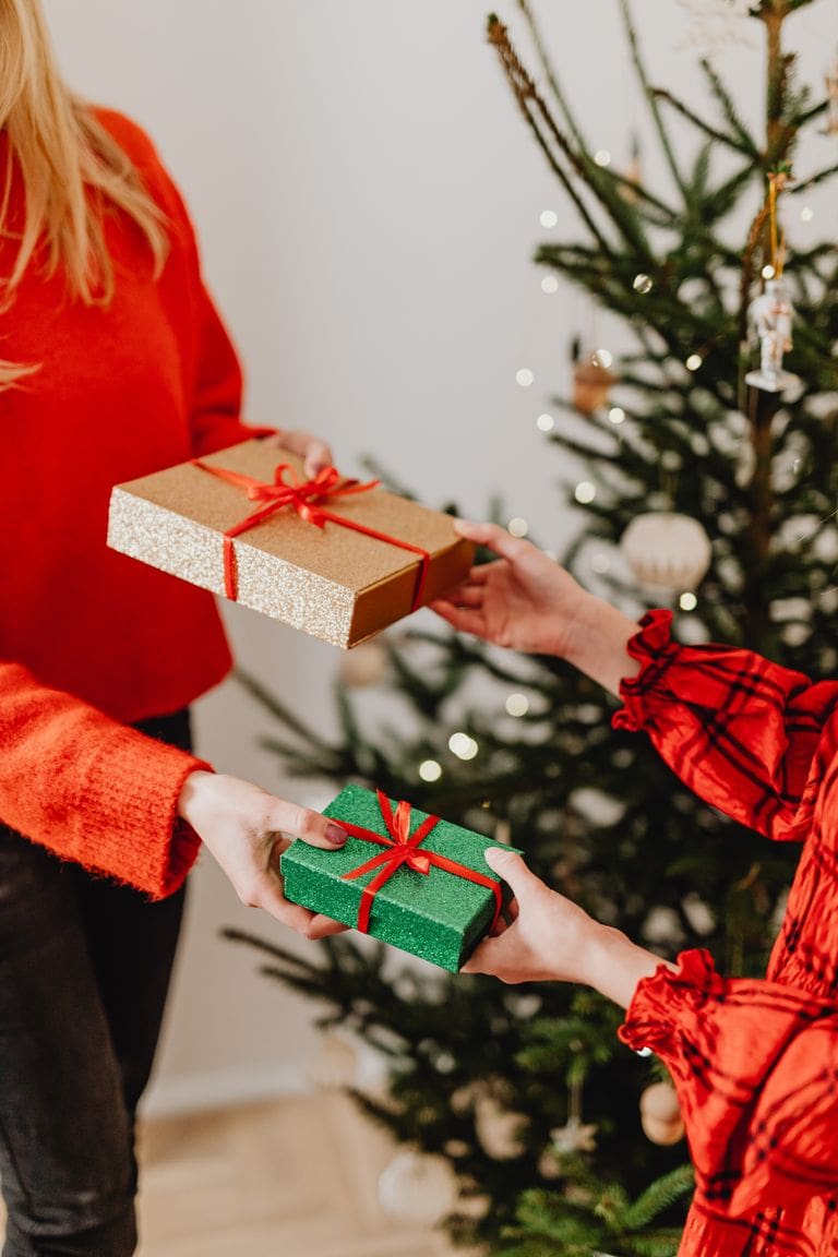 Two people exchanging beautifully wrapped Christmas gifts in front of a decorated Christmas tree, celebrating the holiday season with joy and festive spirit.