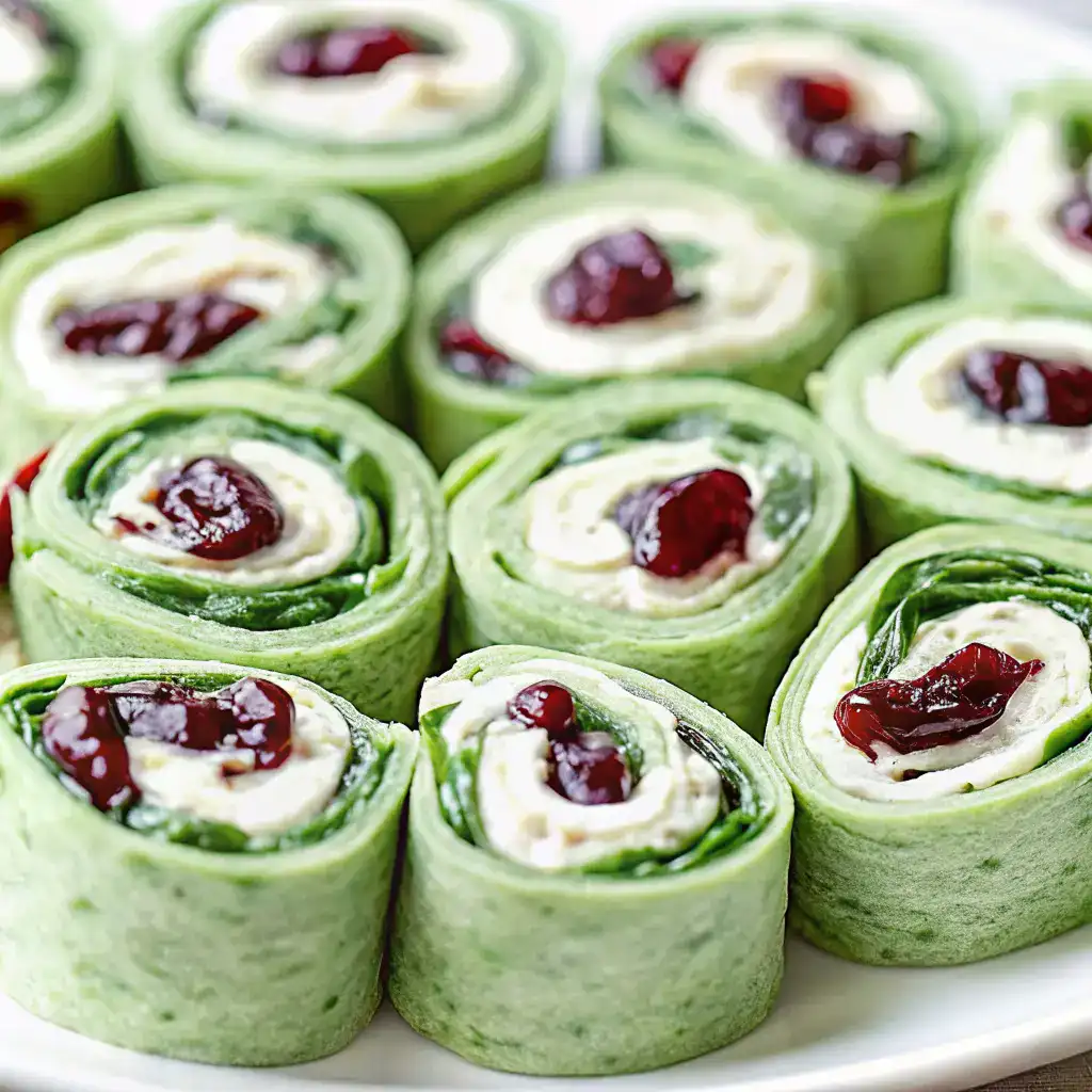 Fresh cucumber roll-ups filled with cream cheese and topped with red berries, perfect for healthy snacks or appetizers, showcasing vibrant green and red colors.