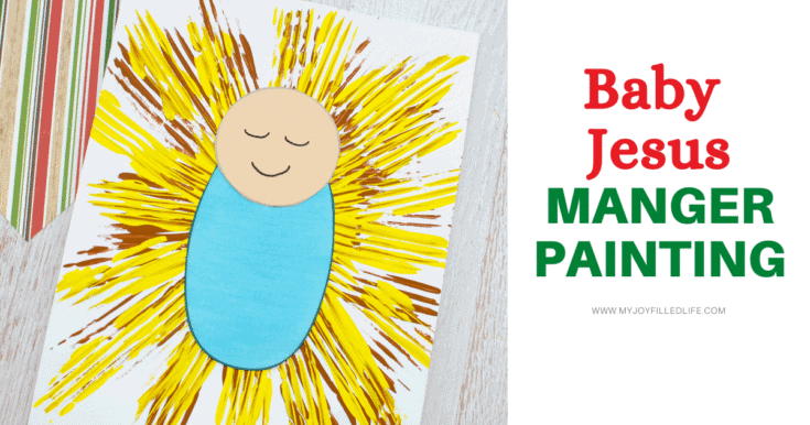 Colorful children's artwork of Baby Jesus in a manger, with bright yellow rays and a peaceful face, perfect for religious crafts and educational activities.