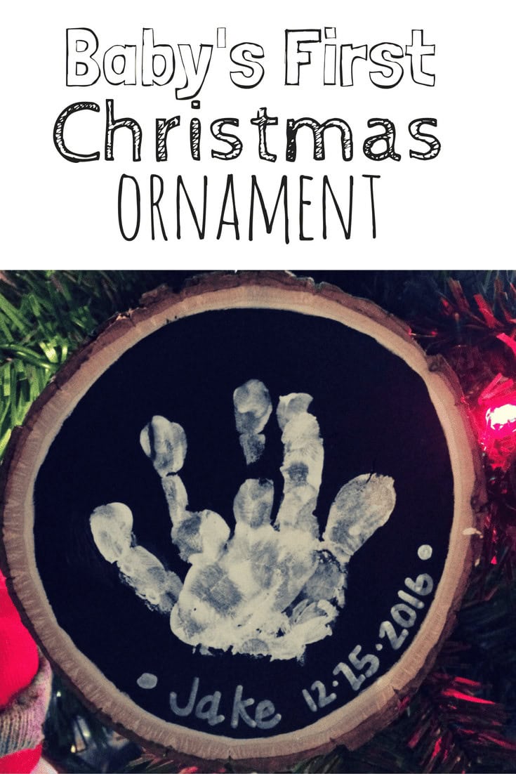 Personalized Christmas ornament featuring a baby's handprint, name Jake, and date 12.15.2016, perfect for holiday keepsakes and Christmas decorations.