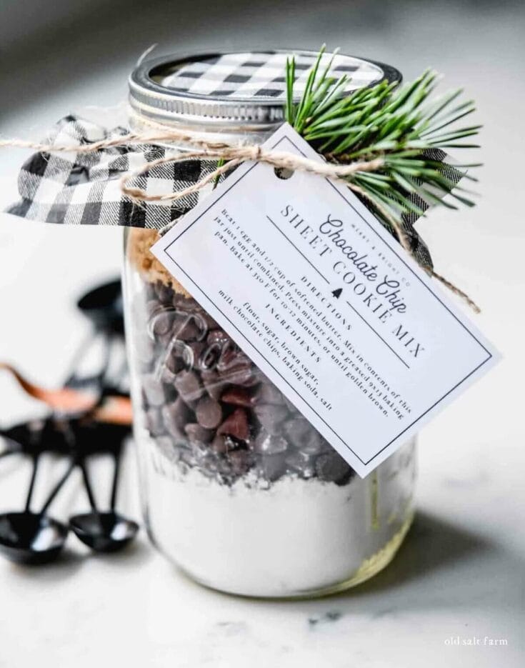 Gift jar filled with chocolate chip sugar cookie mix, decorated with a black and white checkered lid and a sprig of greenery, perfect for holiday gift-giving.