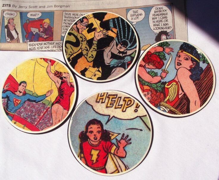 Collection of comic book illustrations featuring superheroes, a woman with flowers, and a girl in a superhero costume with a speech bubble saying 'Help!'.