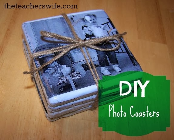 Set of DIY photo coasters featuring black and white family photos, tied with twine, perfect for personalized home decor and gifts.