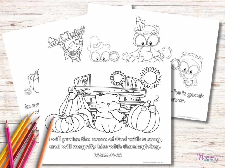 Black and white Thanksgiving coloring page featuring a cat, pumpkins, sunflowers, and a girl with a thankful message for children to color and enjoy.