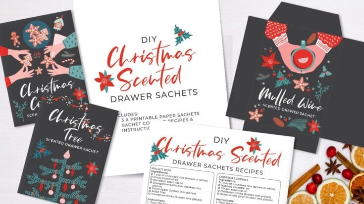 Festive DIY Christmas scented drawer sachets with holiday-themed designs, including Christmas trees, ornaments, and holly, perfect for holiday decor and gift-giving.