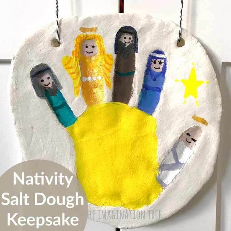 Handmade nativity salt dough keepsake featuring painted figures of Mary, Joseph, baby Jesus, angels, and star, perfect for Christmas decoration and keepsake.