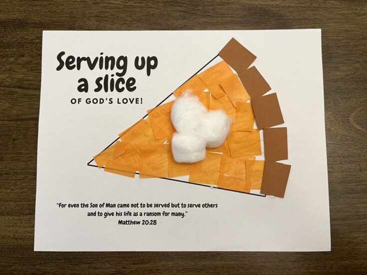 Creative paper craft of a pizza slice with cotton ball toppings, symbolizing serving love and kindness, with a biblical quote from Matthew 20:28.