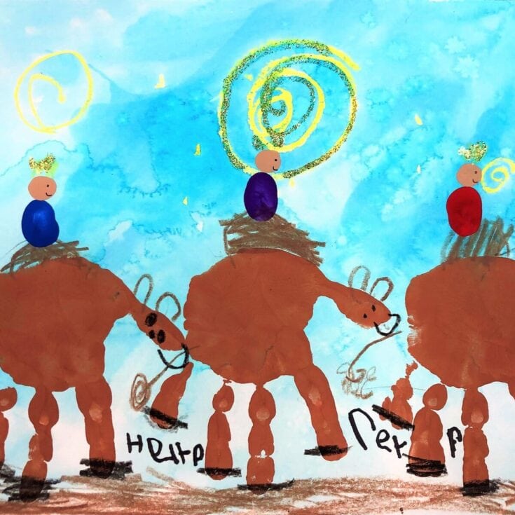 Colorful children's drawing of three giraffes with children riding on their backs, set against a bright blue sky with yellow sun and swirling patterns, playful and imaginative art.