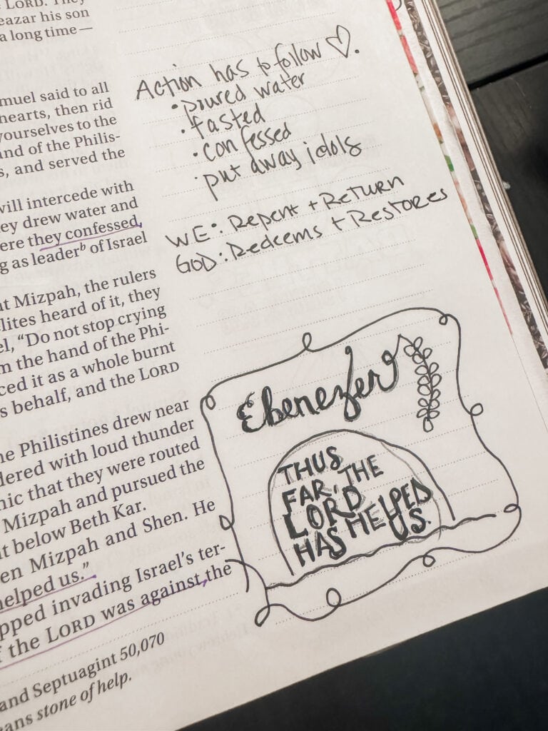Handwritten notes on Bible study and prayer, including action steps, reflection, and a prayer for help, with decorative doodles and a focus on faith.