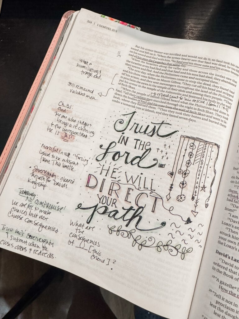 Open Bible journal page with handwritten notes, doodles, and a decorative illustration, emphasizing faith, trust in the Lord, and spiritual reflection.