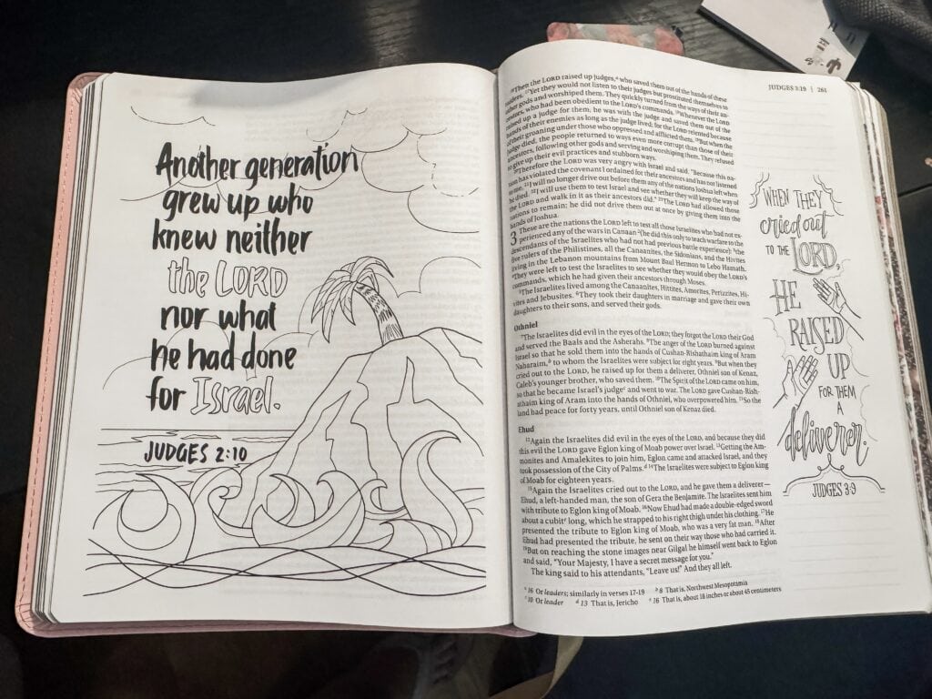 Open Bible with hand-drawn illustration of a mountain, waves, and a quote from Judges 2:10 about faith and legacy, emphasizing spiritual growth and biblical teachings.