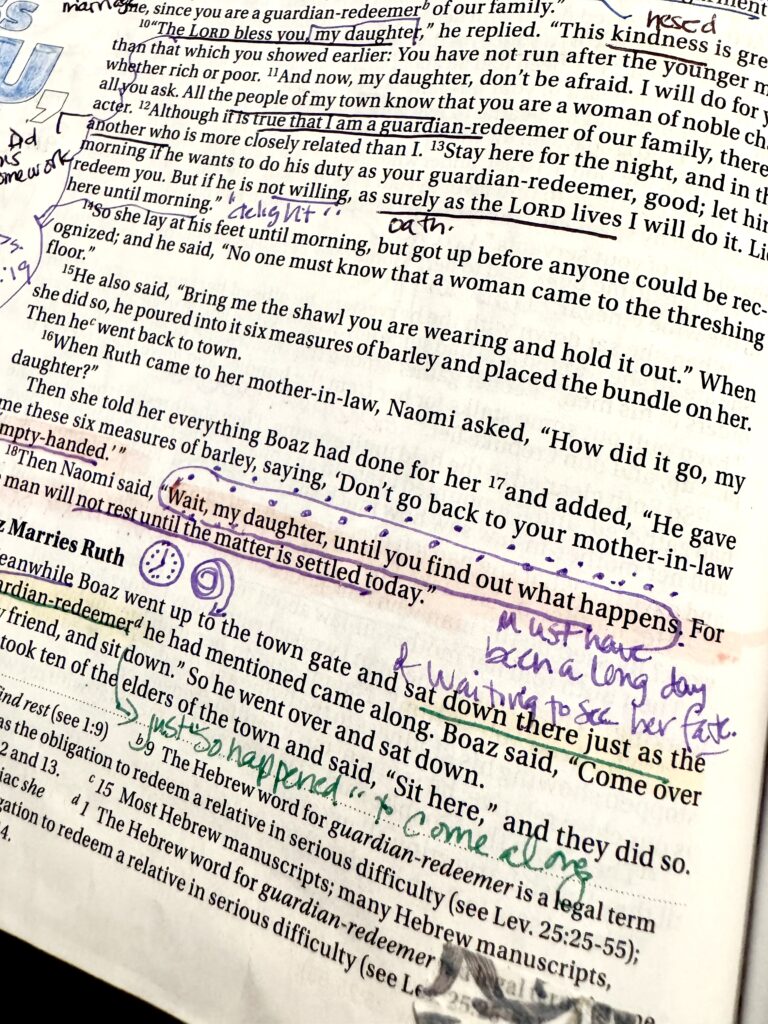 Close-up of a handwritten note with a Bible verse, highlighting family, faith, and hope themes, with annotations and underlines for emphasis.