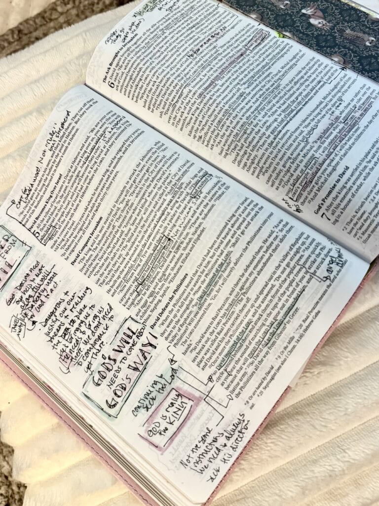 Open Bible with handwritten notes, highlights, and annotations for Bible journaling and study, emphasizing personal reflection and scripture understanding.