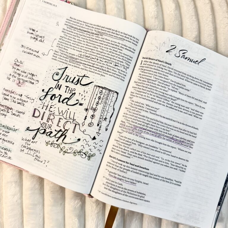 Open Bible journal with handwritten notes, sketches, and highlighted verses for Bible study and journaling inspiration.