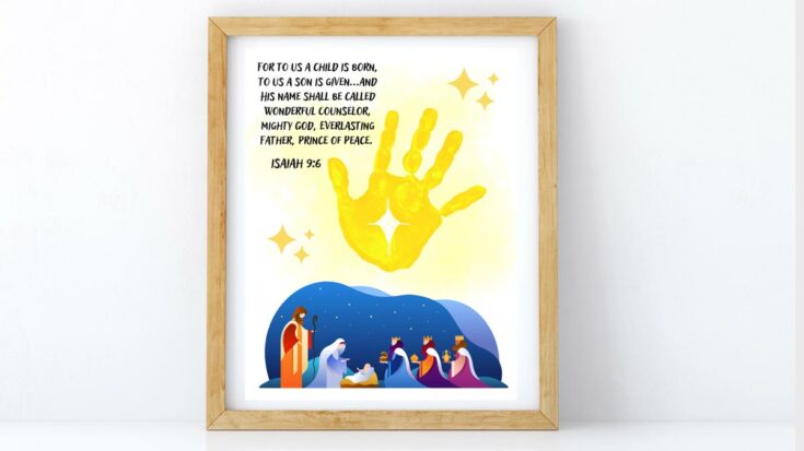 Colorful nativity scene featuring a large yellow handprint representing a star or divine presence, with Mary, Joseph, baby Jesus, and angels depicted in vibrant colors, celebrating Christmas.