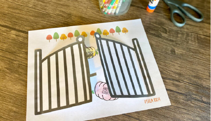 Illustration of a baby gate with colorful trees in the background, showing a safe space for children, from A Hundred Affections.