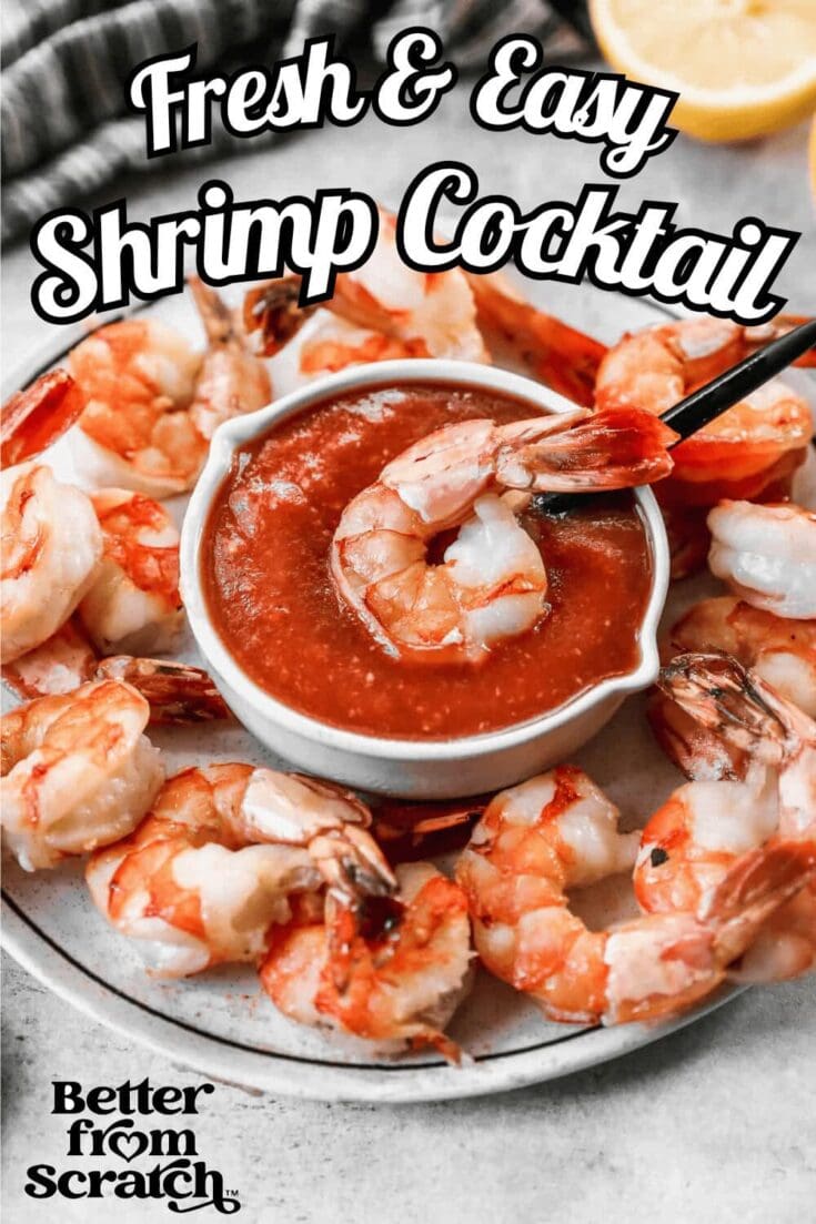 Delicious shrimp cocktail served with a tangy cocktail sauce in a white bowl, surrounded by fresh cooked shrimp, perfect for a seafood appetizer.