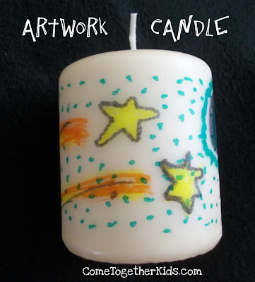 Colorful artwork candle with star and rainbow designs, perfect for children's room decor or as a creative gift for kids.