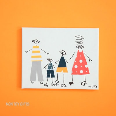 Colorful family illustration featuring four stylized figures holding hands, with playful and whimsical design, on a vibrant orange background.