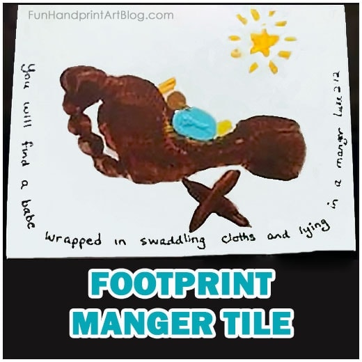 Colorful footprint art featuring a dinosaur shape, with a yellow star and handwritten text, created with swaddling cloths and lying on a white background.