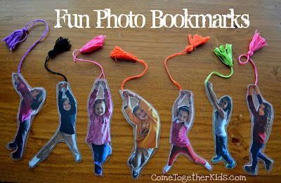 Colorful DIY photo bookmarks with tassels featuring children in various poses, perfect for kids' reading activities and personalized gifts.