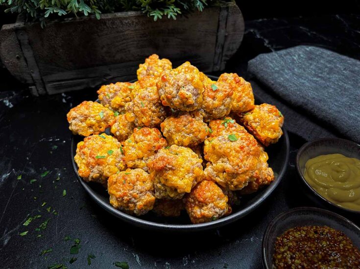 A black plate filled with crispy, golden chicken bites garnished with green herbs, served with mustard and spicy dipping sauces on a dark surface.