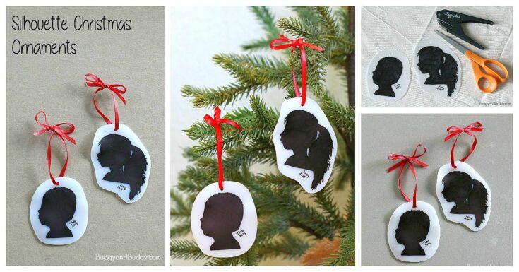 Set of silhouette Christmas ornaments featuring black profile cutouts with red ribbons, perfect for festive holiday decorations and personalized gift tags.