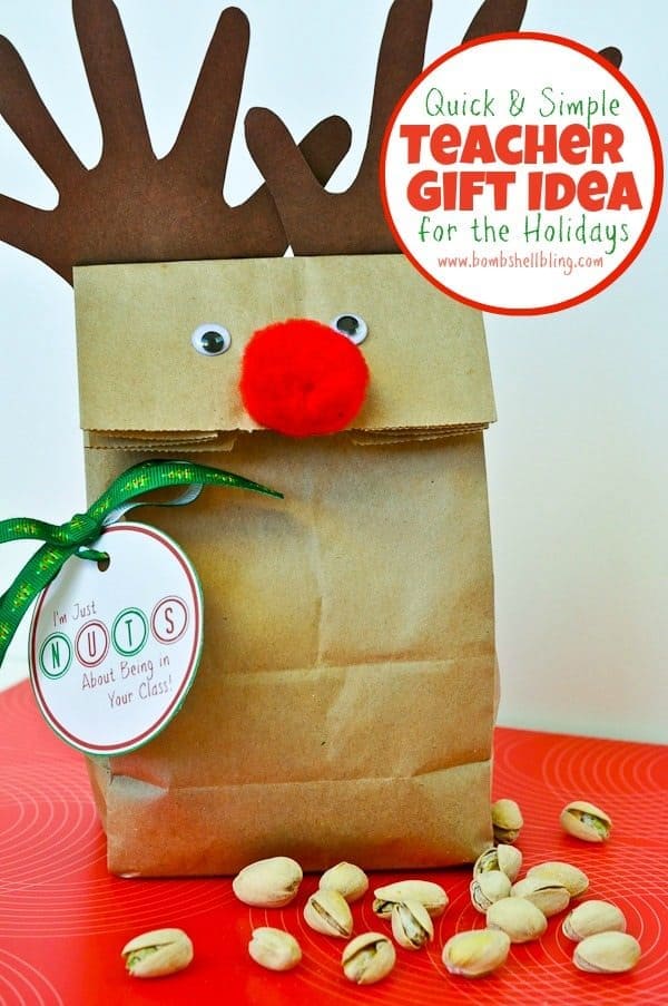 Festive reindeer gift bag made from a paper bag with reindeer antlers, googly eyes, a red pom-pom nose, and pistachio nuts scattered around, perfect for holiday gifting.