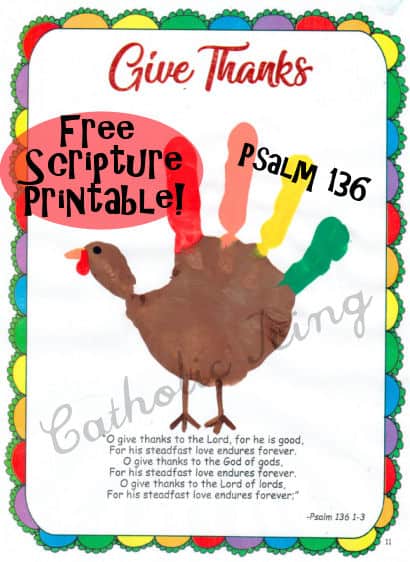 Colorful Thanksgiving printable featuring a turkey with handprint feathers and a Bible verse from Psalm 136 about giving thanks to the Lord.