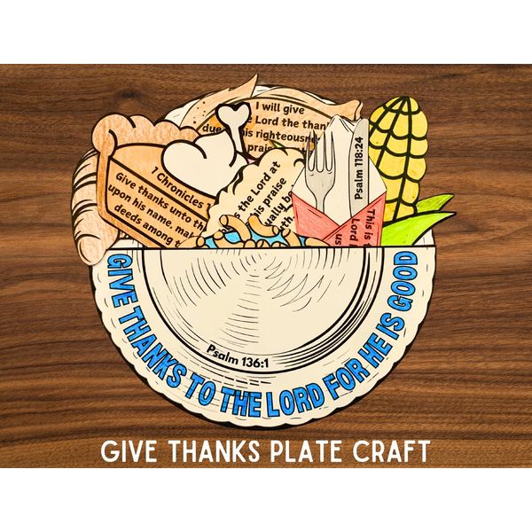 Thanksgiving gratitude plate craft with Bible verses, a cornucopia, and autumn decorations, perfect for family gratitude activities and religious celebrations.
