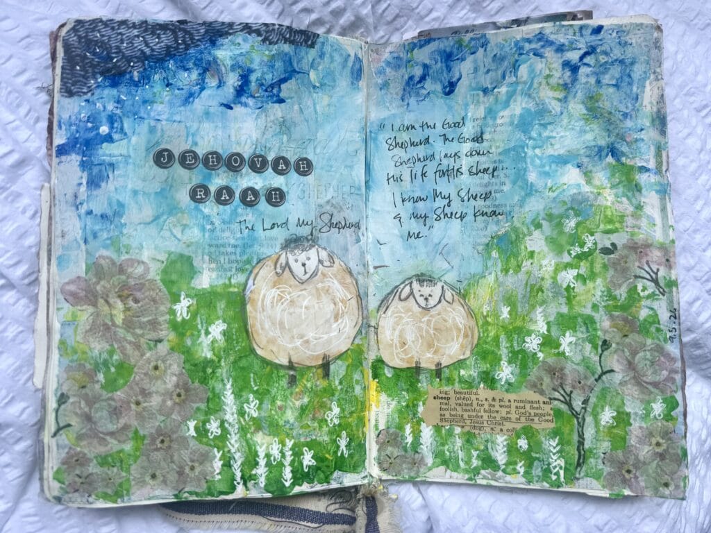 Hand-painted journal page with sheep, greenery, and handwritten text, representing love and faith, from A Hundred Affections collection.