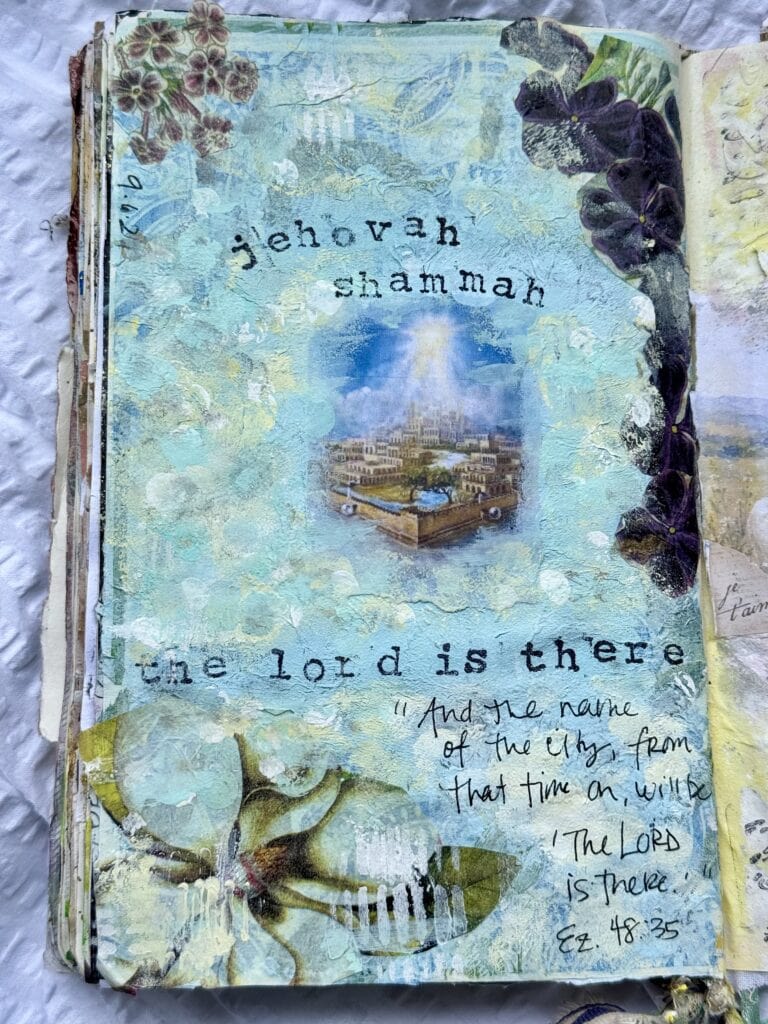 Artistic Bible journal page featuring a watercolor background, a small illustration of Jerusalem, and handwritten scripture from Ezekiel 48:35 about God's presence.