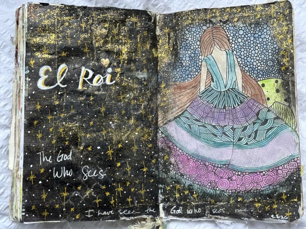 Colorful artistic depiction of El Roi, the God who sees, with a girl in a flowing dress surrounded by stars and cosmic patterns, symbolizing divine observation and faith.