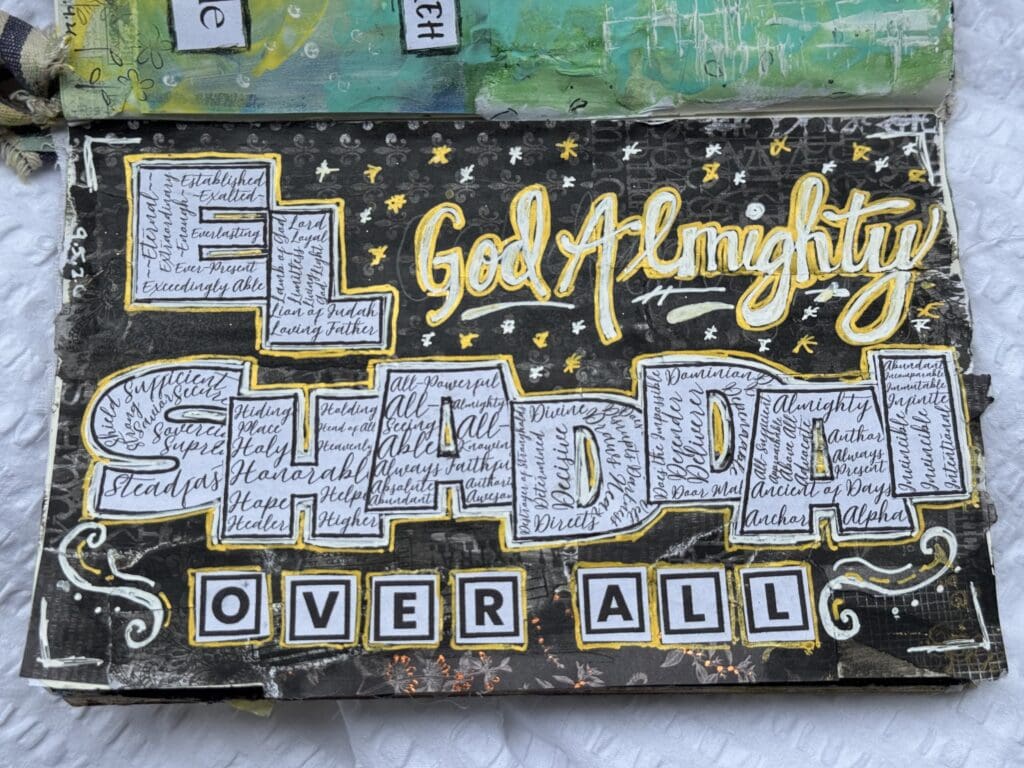 Inspirational Christian artwork featuring the phrase 'God Almighty Over All' with decorative lettering and a starry background, emphasizing faith and divine sovereignty.