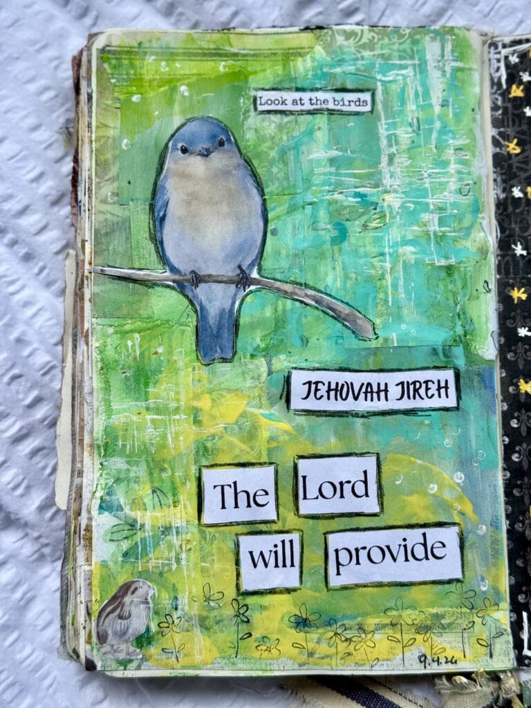 Colorful mixed media art featuring a detailed blue bird perched on a branch with a background of vibrant green and yellow, including the quote 'Look at the birds, Jehovah Jireh, The Lord will provide'.
