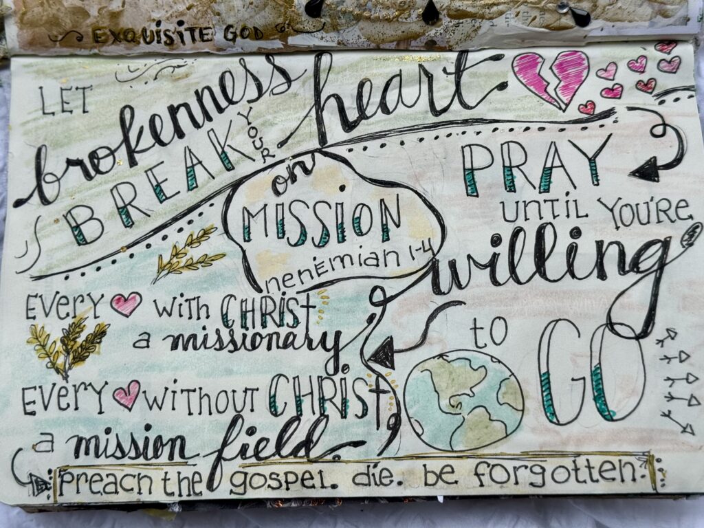 Hand-drawn Christian mission quote with globe, hearts, and decorative elements emphasizing faith, prayer, and spreading the gospel.