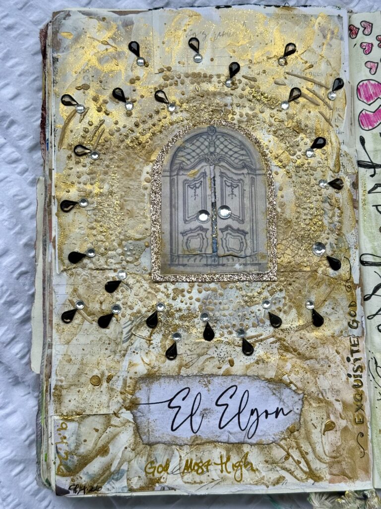 Decorative candle holder with black wicks and gold accents, featuring an ornate door design in the center, on a textured background with handwritten notes and gold embellishments.