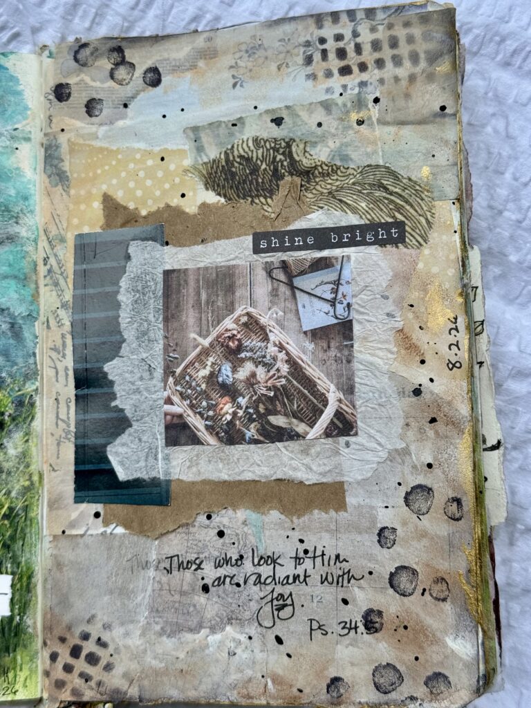 Art journal page with layered textures, torn paper, a bird illustration, and inspirational quotes, showcasing creative mixed media techniques for artistic expression.