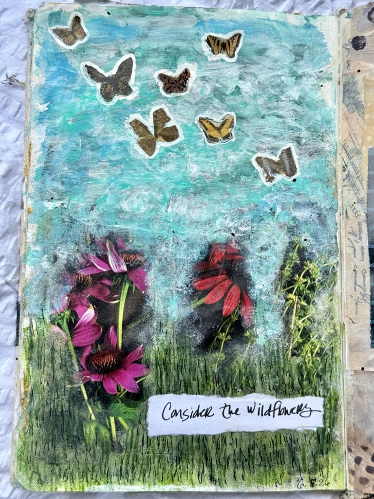 Mixed media artwork featuring vibrant wildflowers and butterflies with a background of blue sky and green grass, emphasizing nature and wildlife themes.
