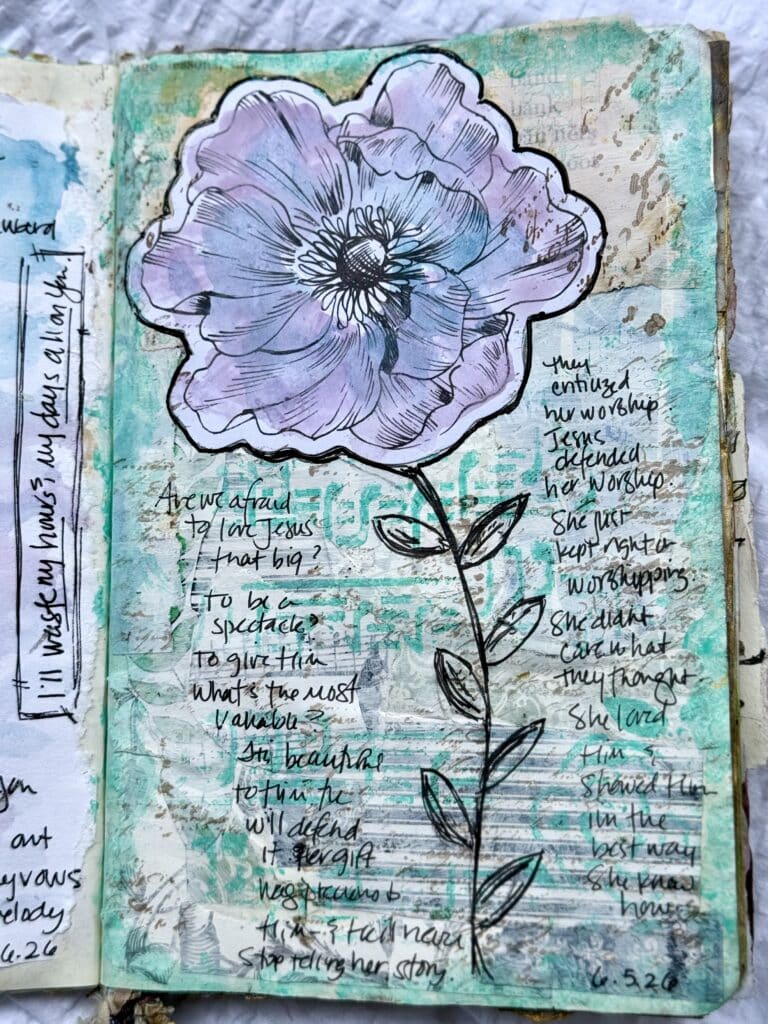 Artistic sketch of a flower with handwritten notes and watercolor background in a journal, emphasizing creativity and artistic expression.