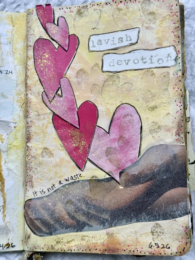 Colorful mixed media artwork featuring a heart-shaped design with the words 'lavish devotion' and a quote 'It is not a waste' on a textured background.
