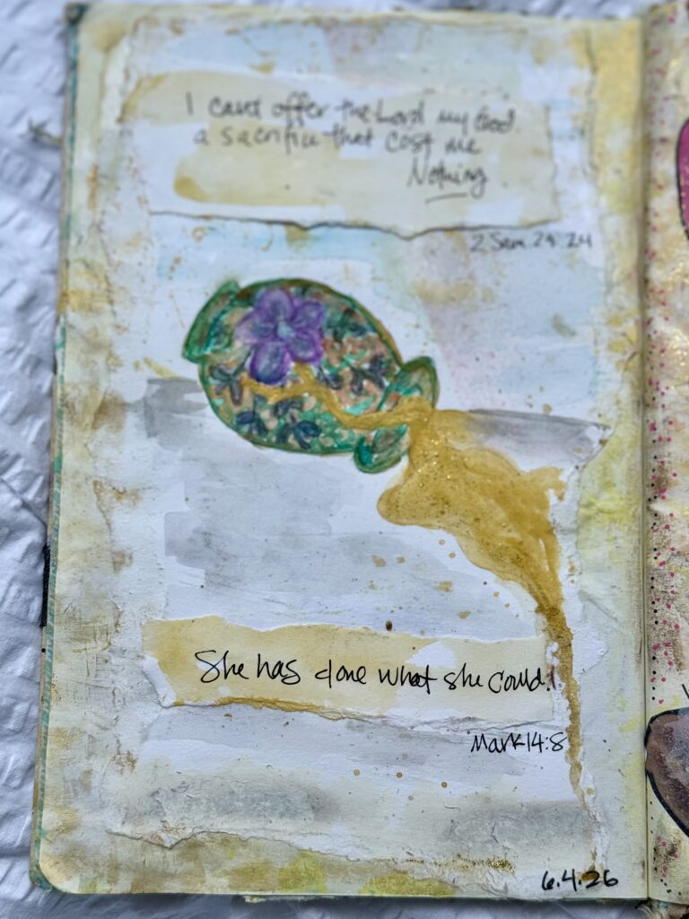Handmade Bible journal page with watercolor art, handwritten scripture, and inspirational quotes, emphasizing faith and creativity for spiritual reflection.