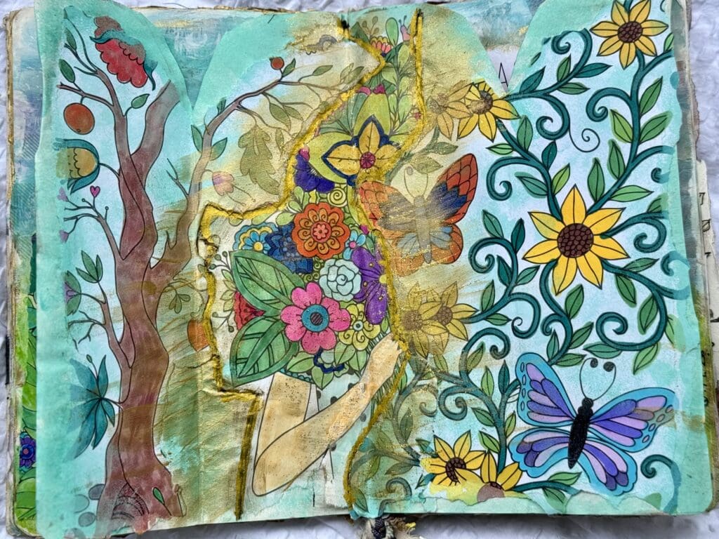 Vibrant mixed media artwork featuring flowers, butterflies, and a tree, showcasing intricate details and bright colors, perfect for art and nature enthusiasts.